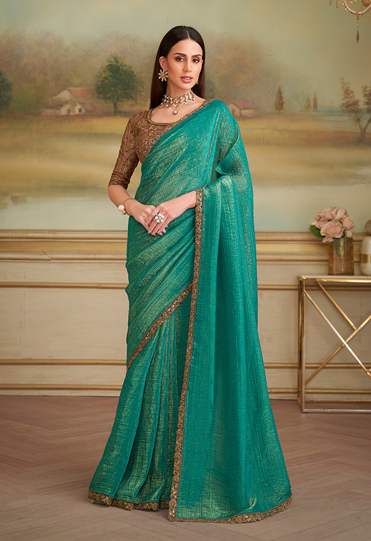 Sea green Gold Georgette Embroidered Border Party Trendy Saree