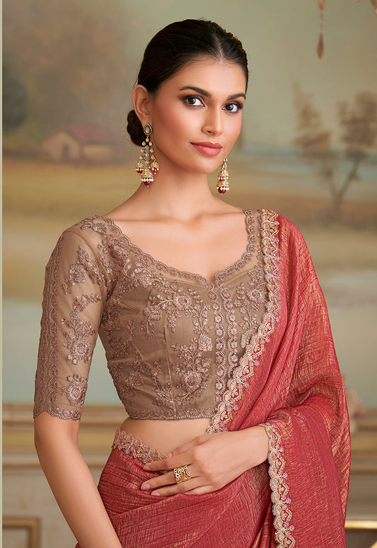 Rust Gold Georgette Embroidered Border Party Trendy Saree