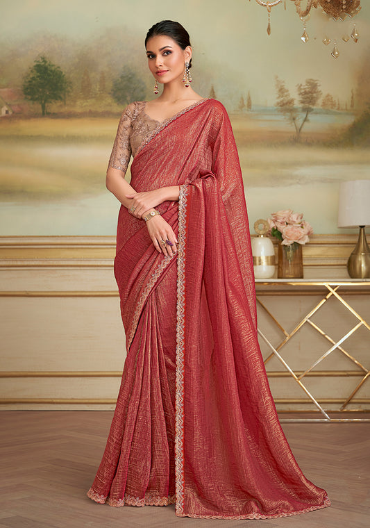 Rust Gold Georgette Embroidered Border Party Trendy Saree