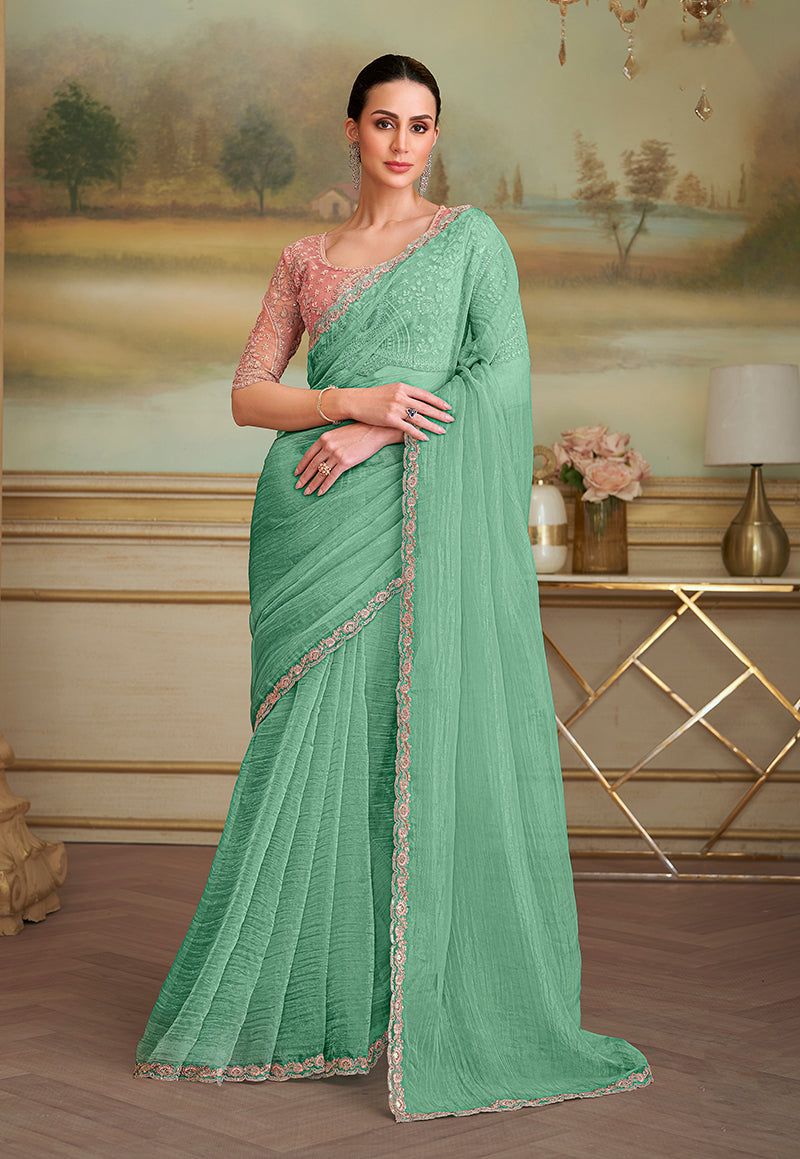 Sky blue Tissue Georgette Embroidered Border Party Trendy Saree