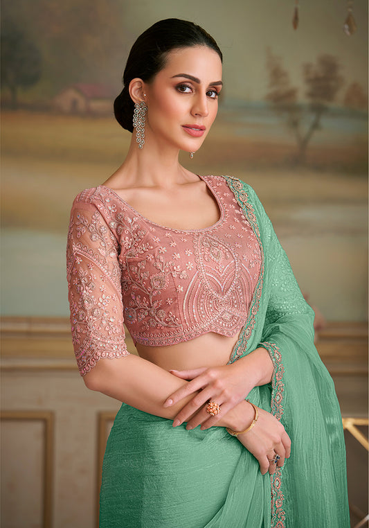 Sky blue Tissue Georgette Embroidered Border Party Trendy Saree