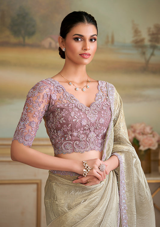 Beige Tissue Georgette Embroidered Border Party Trendy Saree
