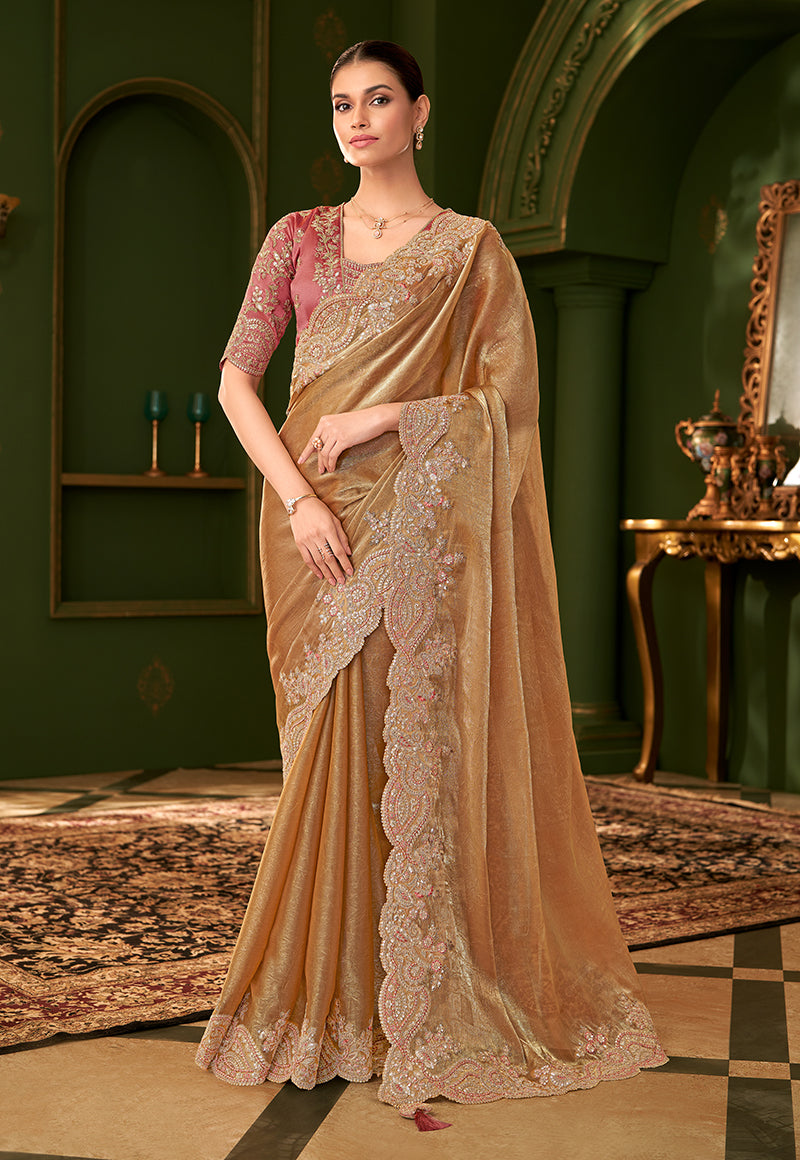 Gold Beige Color Shining Satin Chiffon Silk Saree With Heavy Work Blouse