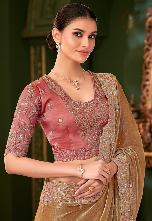 Gold Beige Color Shining Satin Chiffon Silk Saree With Heavy Work Blouse