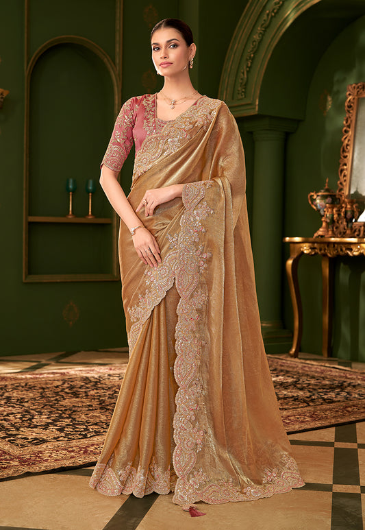 Gold Beige Color Shining Satin Chiffon Silk Saree With Heavy Work Blouse