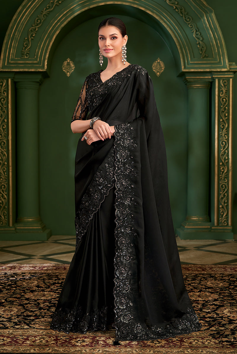 Black Color Satin Georgette Saree With Heavy Work Blouse