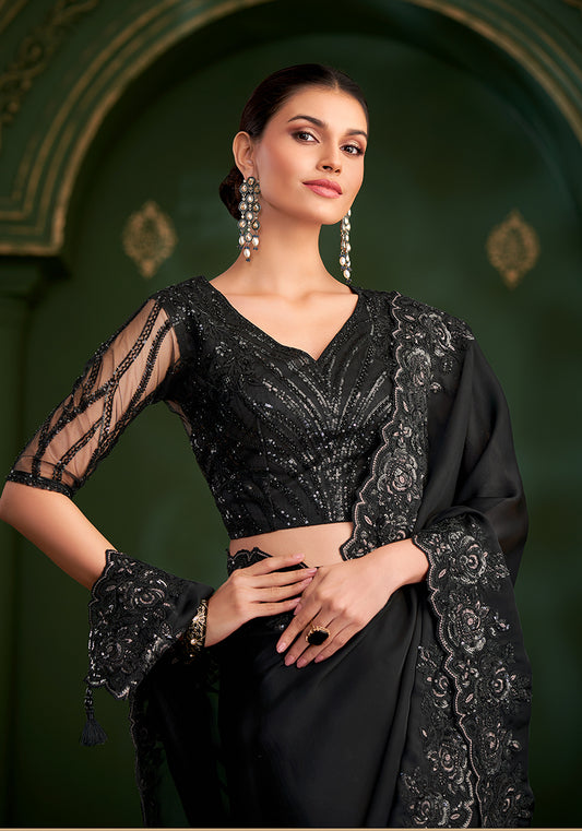 Black Color Satin Georgette Saree With Heavy Work Blouse