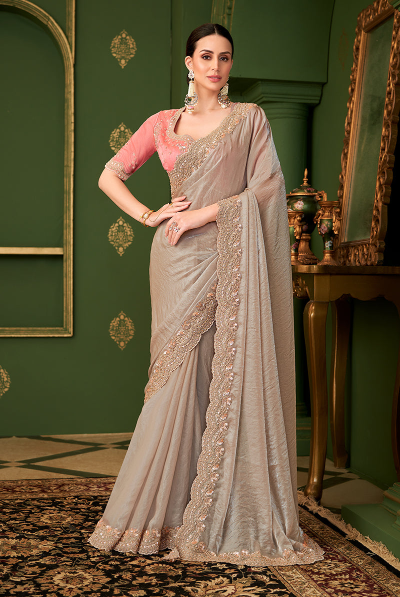 Chiku Color Satin Georgette Saree With Heavy Work Blouse