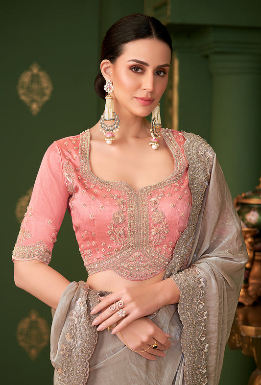 Chiku Color Satin Georgette Saree With Heavy Work Blouse