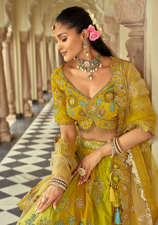 Readymade Lehenga Choli Heavy Work Embroidered Silk in Lemon