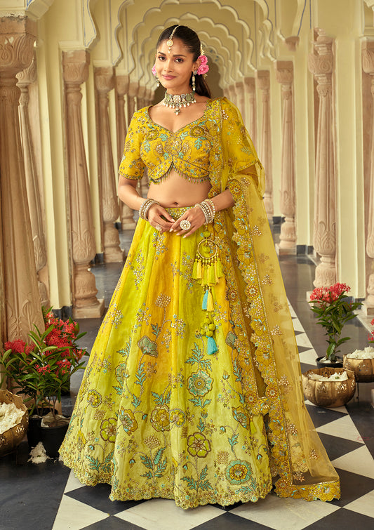 Readymade Lehenga Choli Heavy Work Embroidered Silk in Lemon