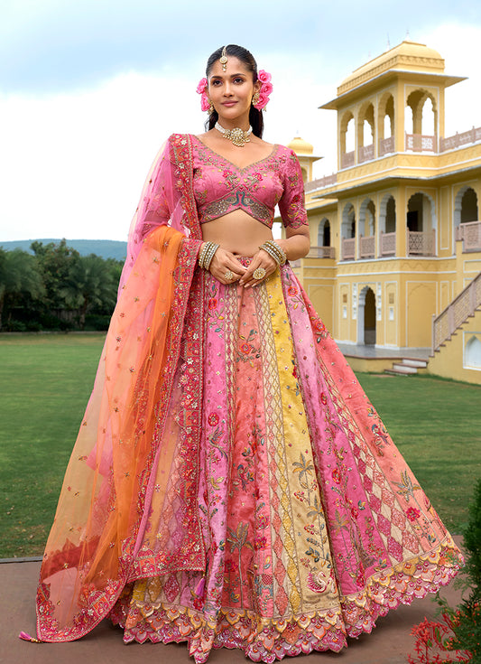 Multicolor Designer Embroidered Work Fancy Silk Wedding Lehenga Choli