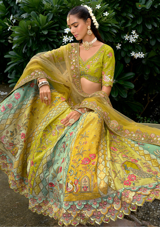 Multicolor Designer Embroidered Work Fancy Silk Wedding Lehenga Choli