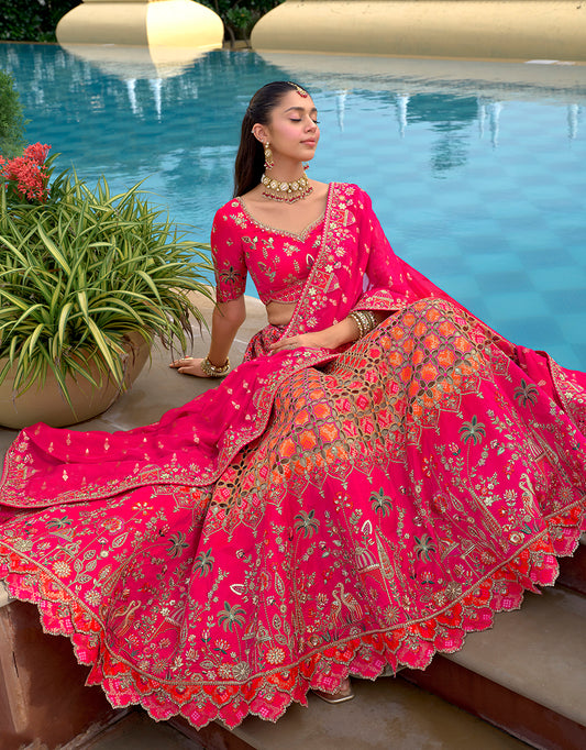 Rani Pink Designer Embroidered Work Fancy Silk Wedding Lehenga Choli