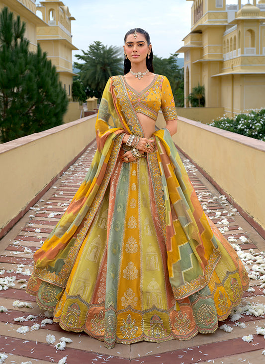 Yellow Designer Embroidered Work Fancy Silk Wedding Lehenga Choli