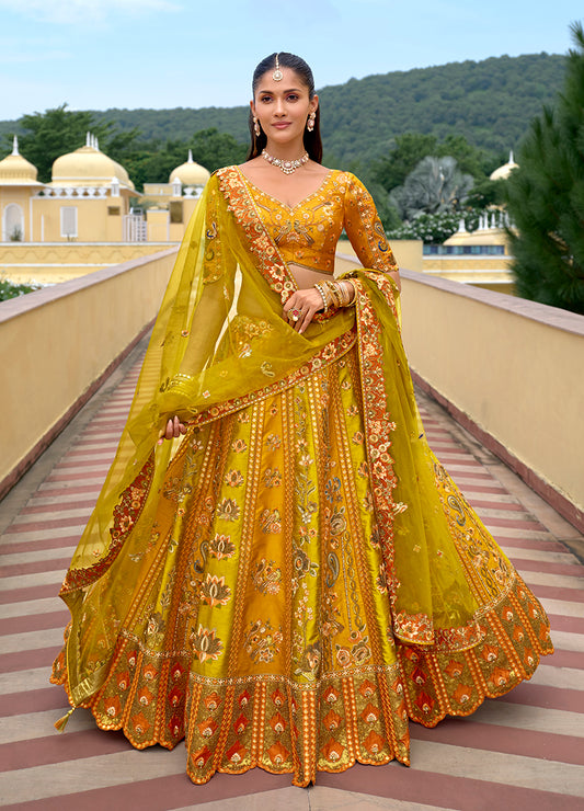 Mustard Designer Embroidered Work Fancy Silk Wedding Lehenga Choli