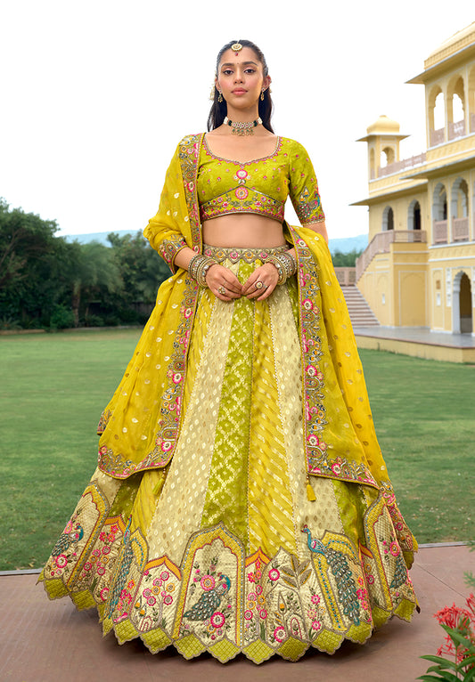 Multicolor Designer Embroidered Work Fancy Silk Wedding Lehenga Choli