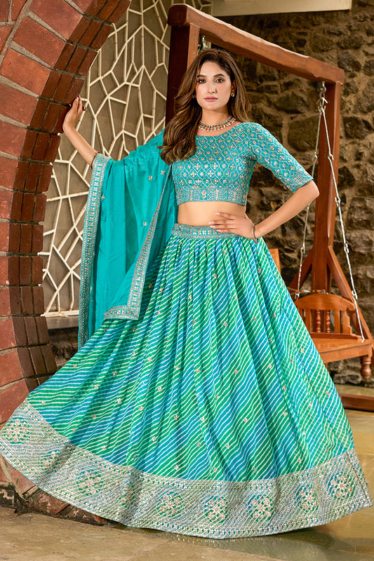 Turquoise Leheriya Print Embroidered Faux Georgette Lehenga Choli