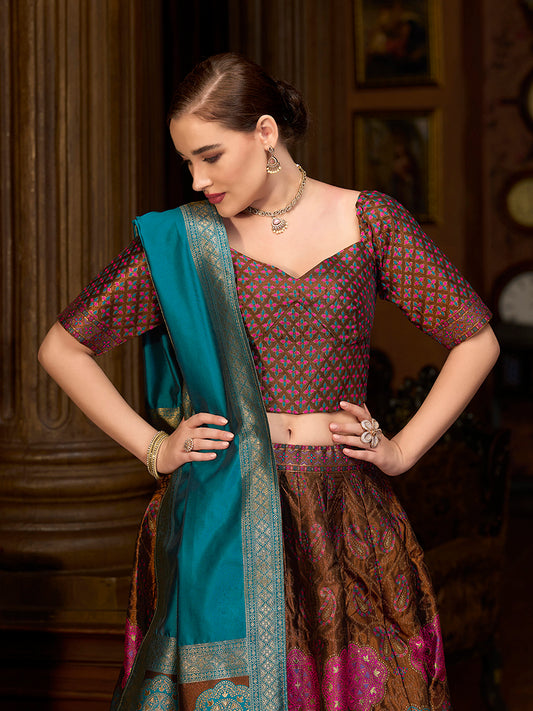 Brown Color Kanjiwaram Silk Jacquard Designer Lehenga Choli