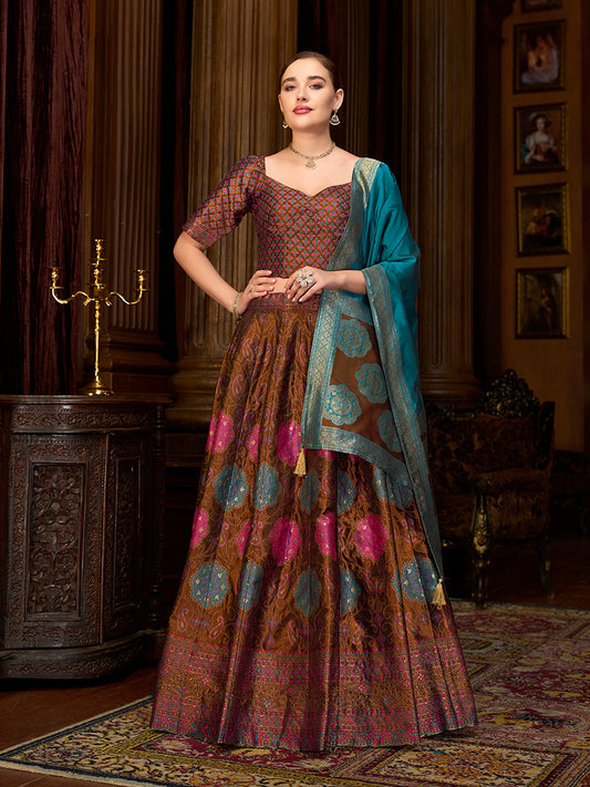 Brown Color Kanjiwaram Silk Jacquard Designer Lehenga Choli