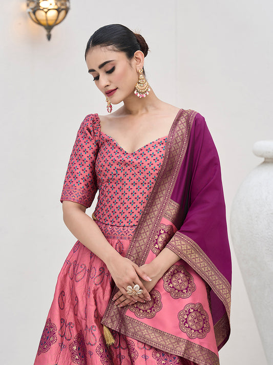 Pink Color Kanjiwaram Silk Jacquard Designer Lehenga Choli