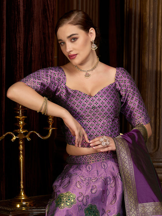 Lavender Color Kanjiwaram Silk Jacquard Designer Lehenga Choli