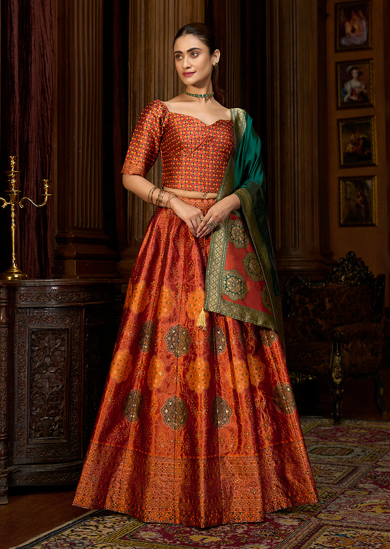 Rust Color Kanjiwaram Silk Jacquard Designer Lehenga Choli