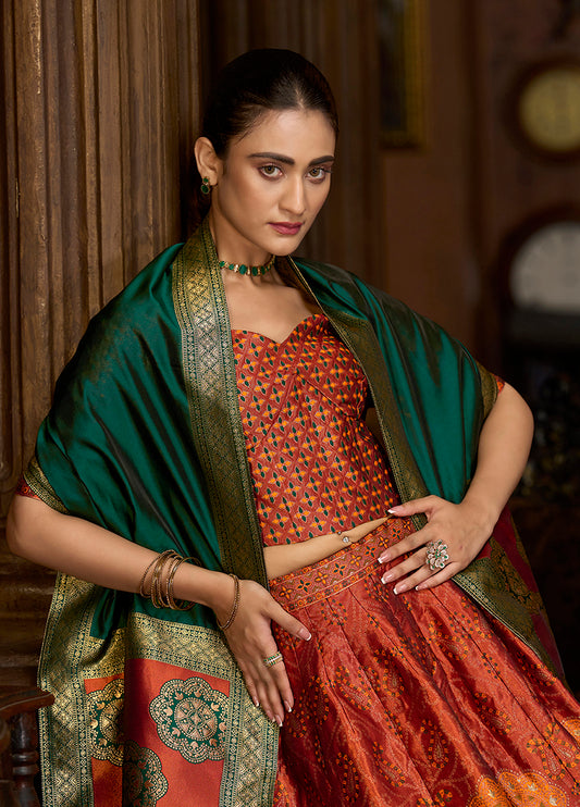 Rust Color Kanjiwaram Silk Jacquard Designer Lehenga Choli