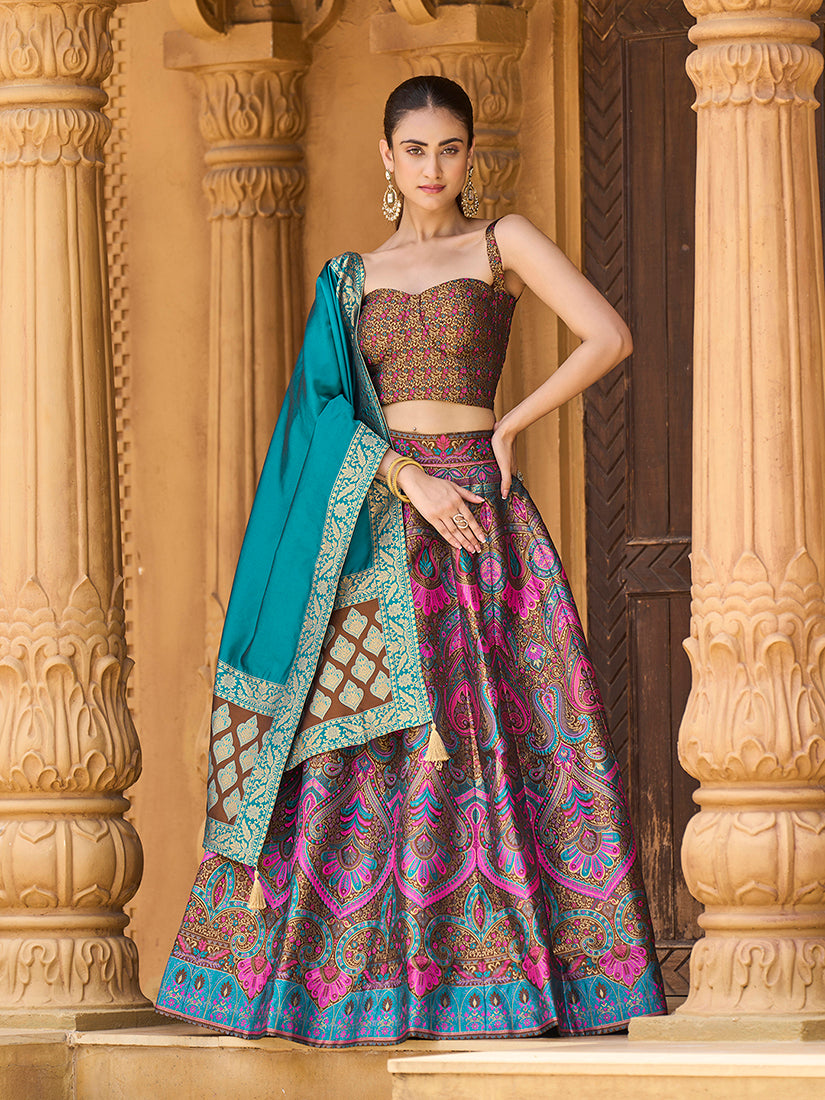 Lehenga Choli Thread Work Jacquard Silk in Brown