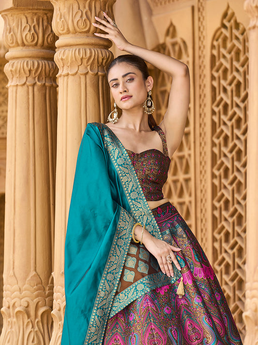 Lehenga Choli Thread Work Jacquard Silk in Brown