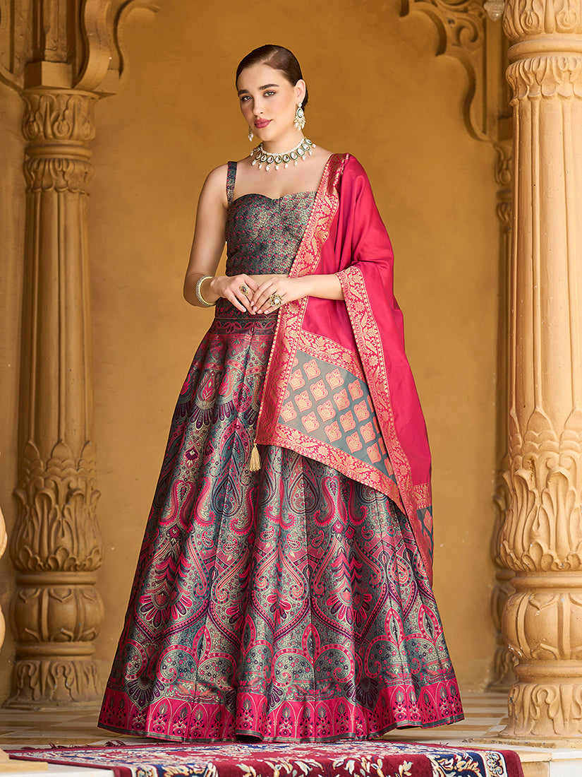 Lehenga Choli Thread Work Jacquard Silk in Multicolor