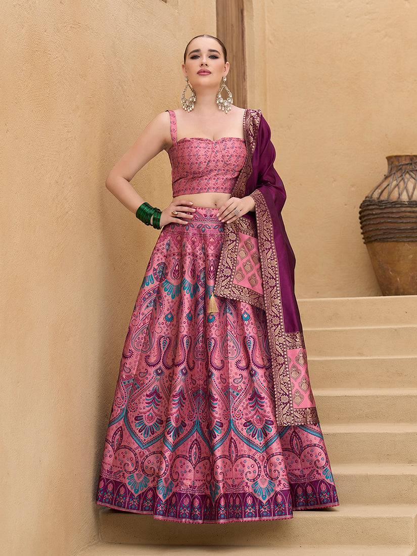 Lehenga Choli Thread Work Jacquard Silk in Pink