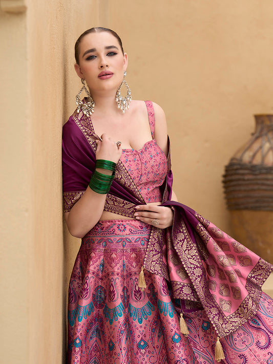 Lehenga Choli Thread Work Jacquard Silk in Pink