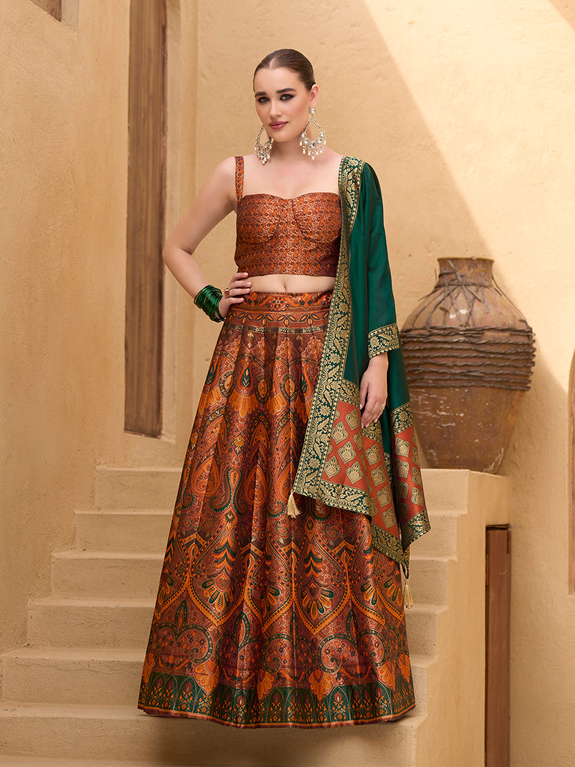 Lehenga Choli Thread Work Jacquard Silk in Rust Orange
