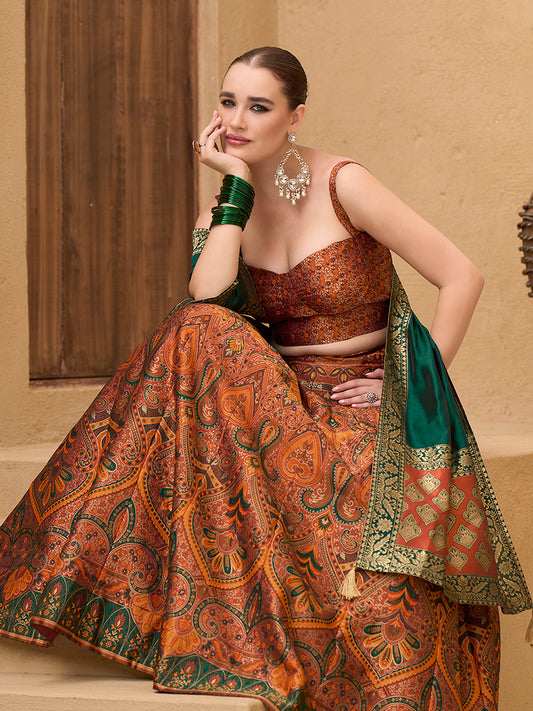 Lehenga Choli Thread Work Jacquard Silk in Rust Orange