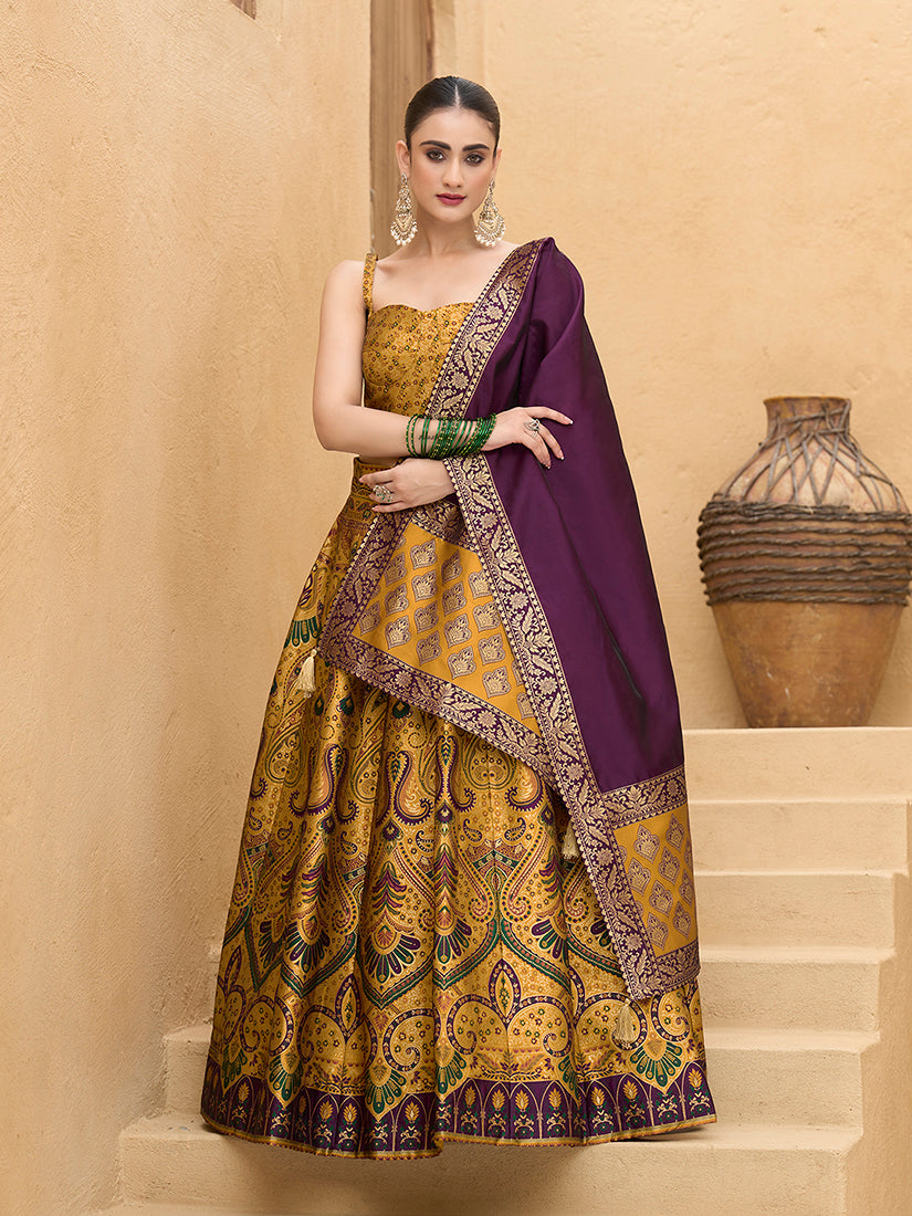 Lehenga Choli Thread Work Jacquard Silk in Yellow