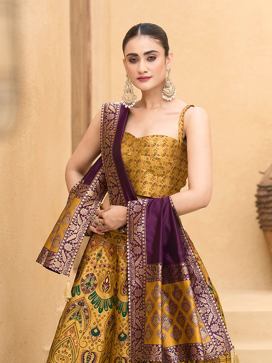 Lehenga Choli Thread Work Jacquard Silk in Yellow