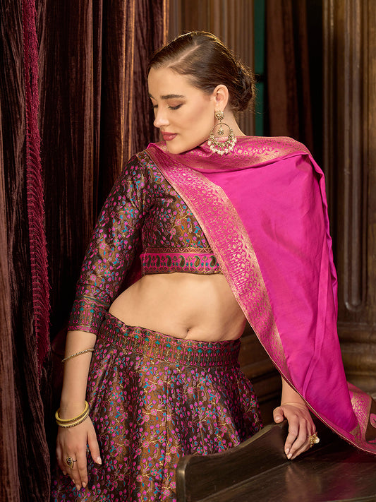 Multi Colour Trendy Kanjivaram Jacquard Woven Work Lehenga choli