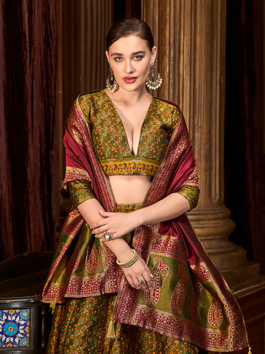 Olive Green Trendy Kanjivaram Jacquard Woven Work Lehenga choli