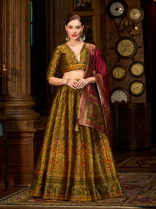 Olive Green Trendy Kanjivaram Jacquard Woven Work Lehenga choli