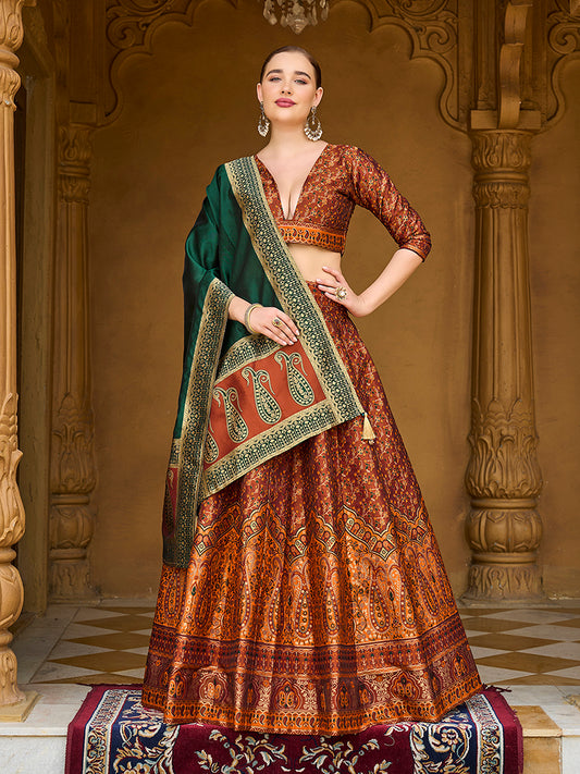 Rust orange Trendy Kanjivaram Jacquard Woven Work Lehenga choli
