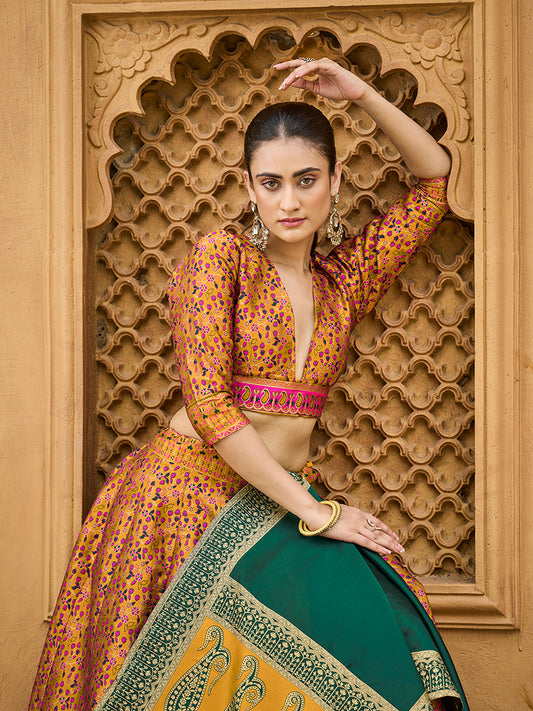 Yellow Trendy Kanjivaram Jacquard Woven Work Lehenga choli