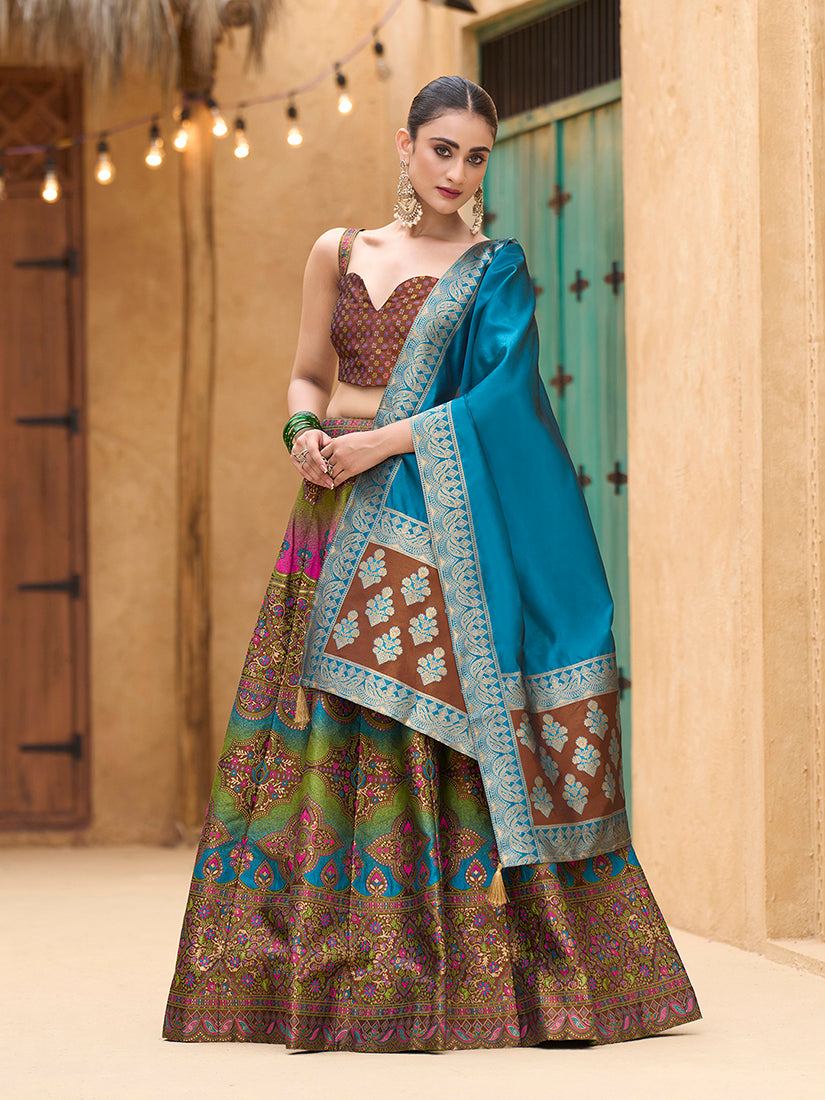 Designer Lehenga Choli Jacquard Kanjiwaram silk in Brown