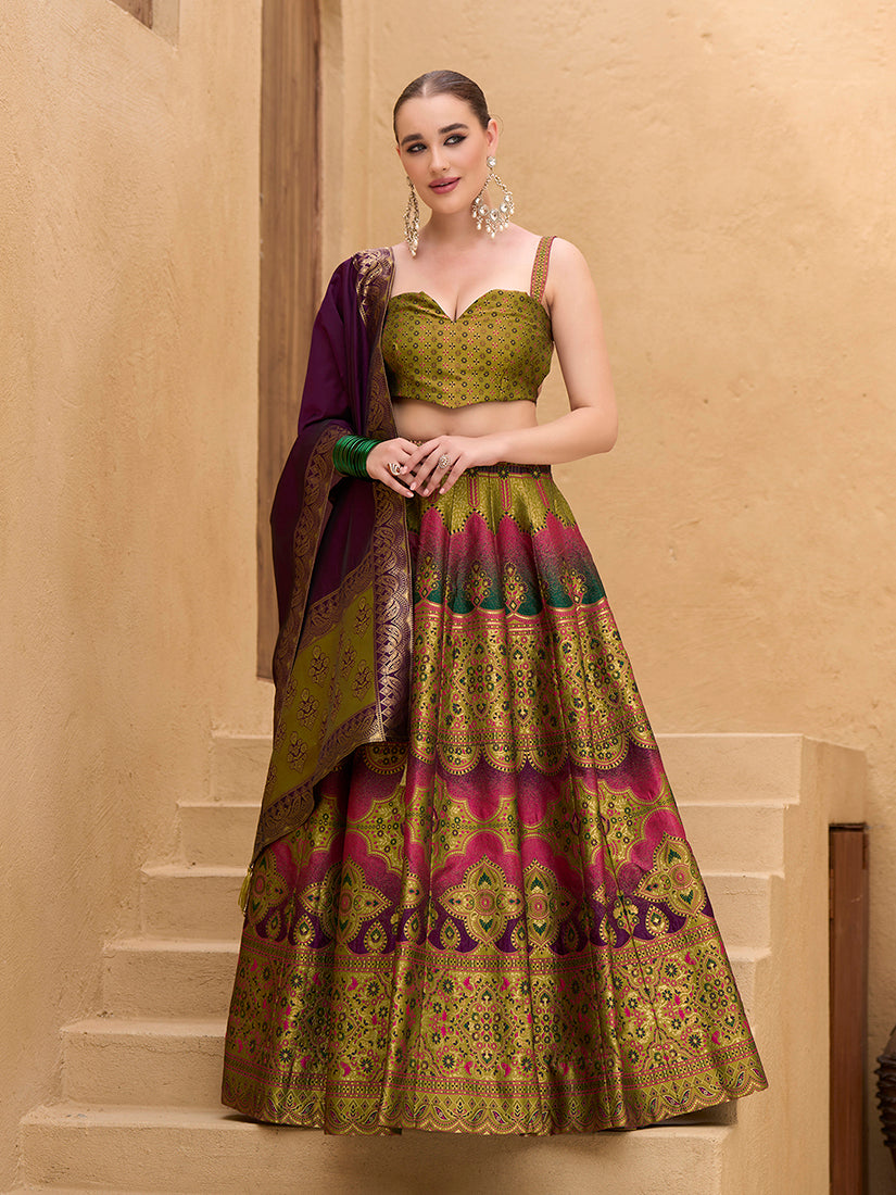 Designer Lehenga Choli Jacquard Kanjiwaram silk in Mehendi green