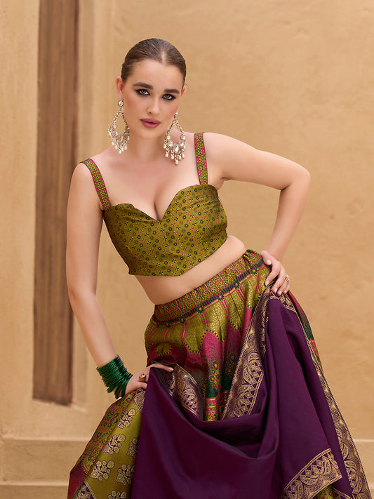 Designer Lehenga Choli Jacquard Kanjiwaram silk in Mehendi green