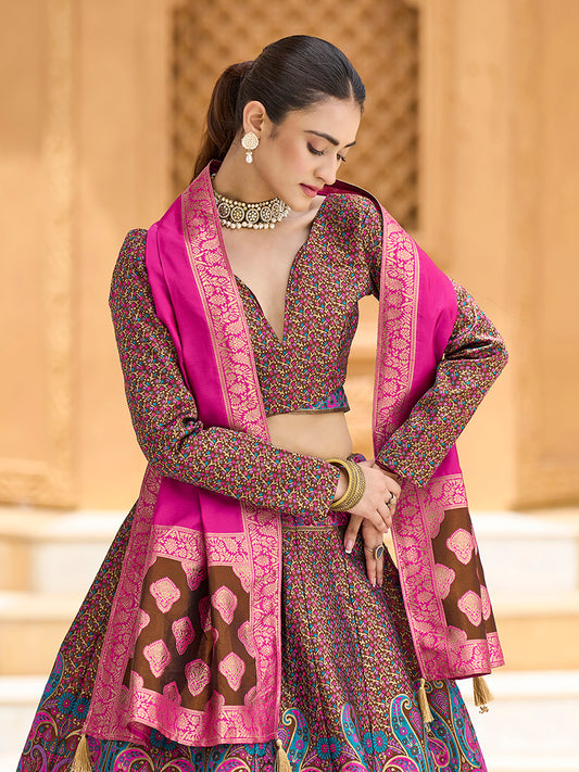 Brown Kanijwaram Jacquard Designer Lehenga Choli For Ceremonial