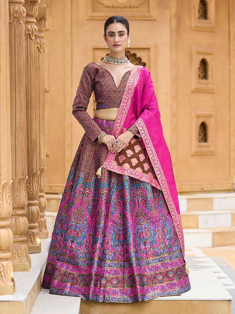 Brown Kanijwaram Jacquard Designer Lehenga Choli For Ceremonial
