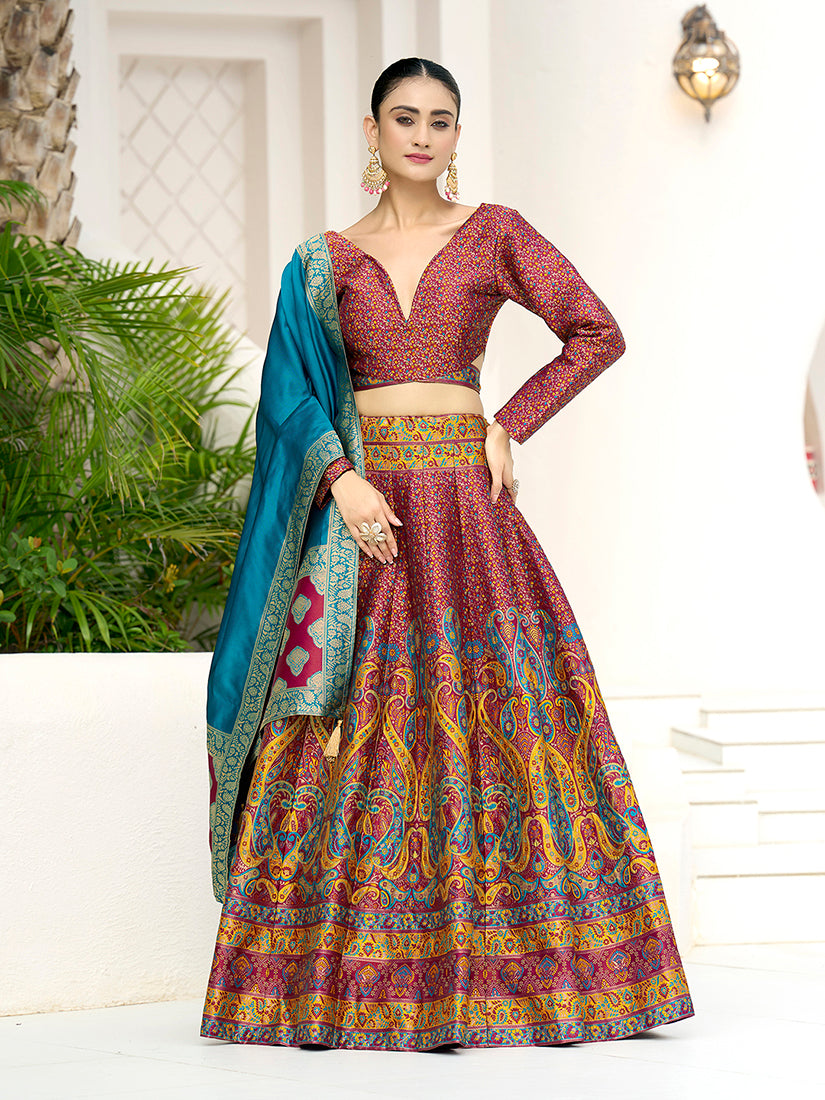 Red Kanijwaram Jacquard Designer Lehenga Choli For Ceremonial