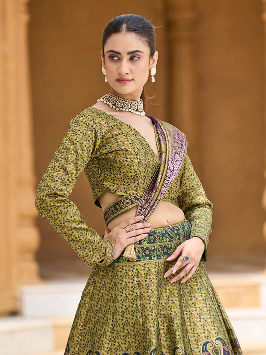Mehendi Kanijwaram Jacquard Designer Lehenga Choli For Ceremonial