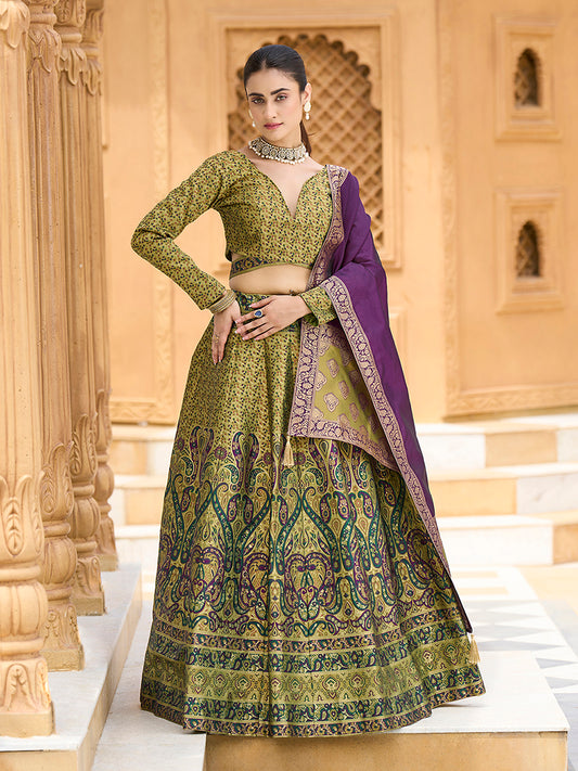 Mehendi Kanijwaram Jacquard Designer Lehenga Choli For Ceremonial